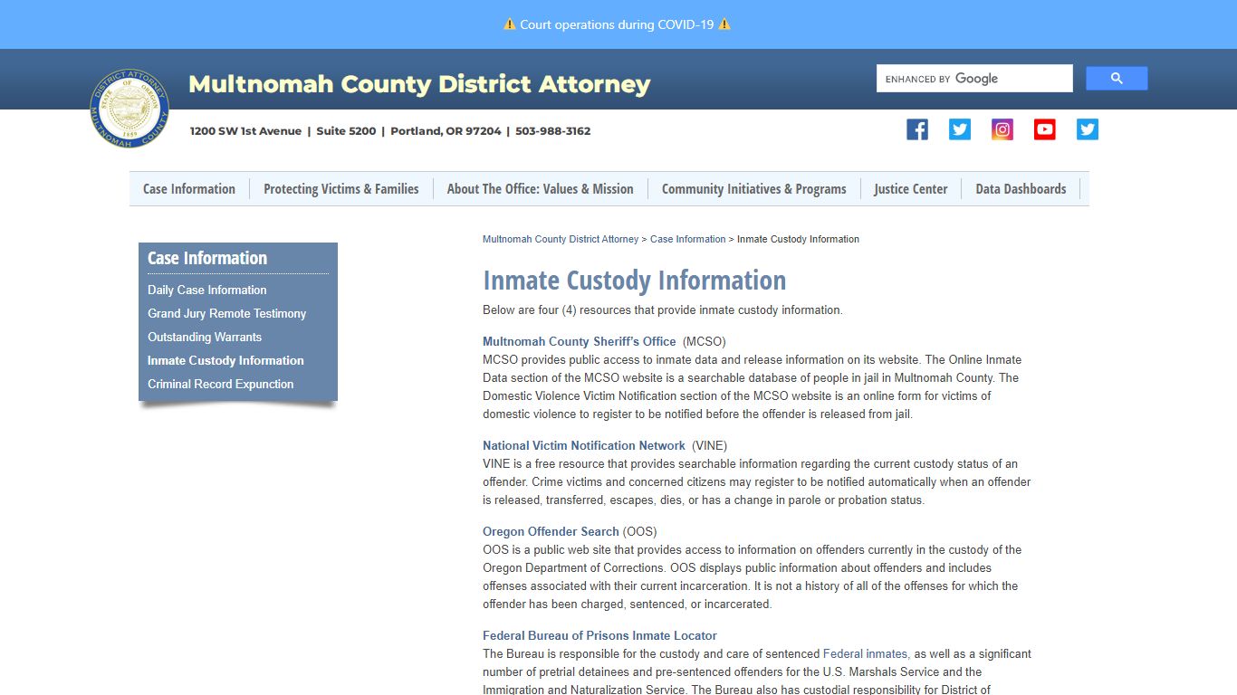 Inmate Custody Information | Multnomah County District Attorney